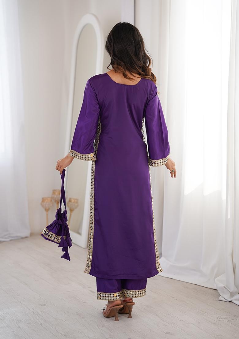 Purple Mirror Work Crepe Kurta Set - Indya