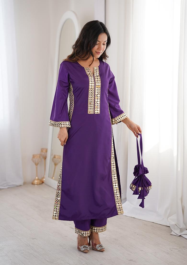Purple Mirror Work Crepe Kurta Set - Indya