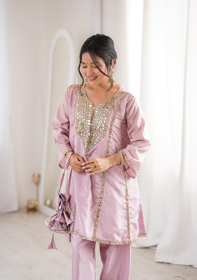 Pink Mirror Work Silk Blend Kurta Set - Indya