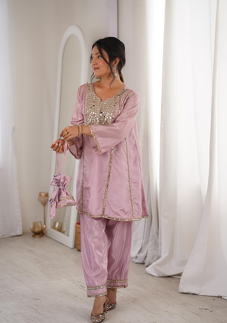Pink Mirror Work Silk Blend Kurta Set - Indya