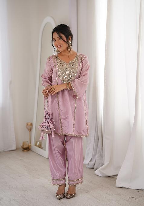 Pink Mirror Work Silk Blend Kurta Set