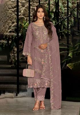 Mauve Embroidered Georgette Kurta Set