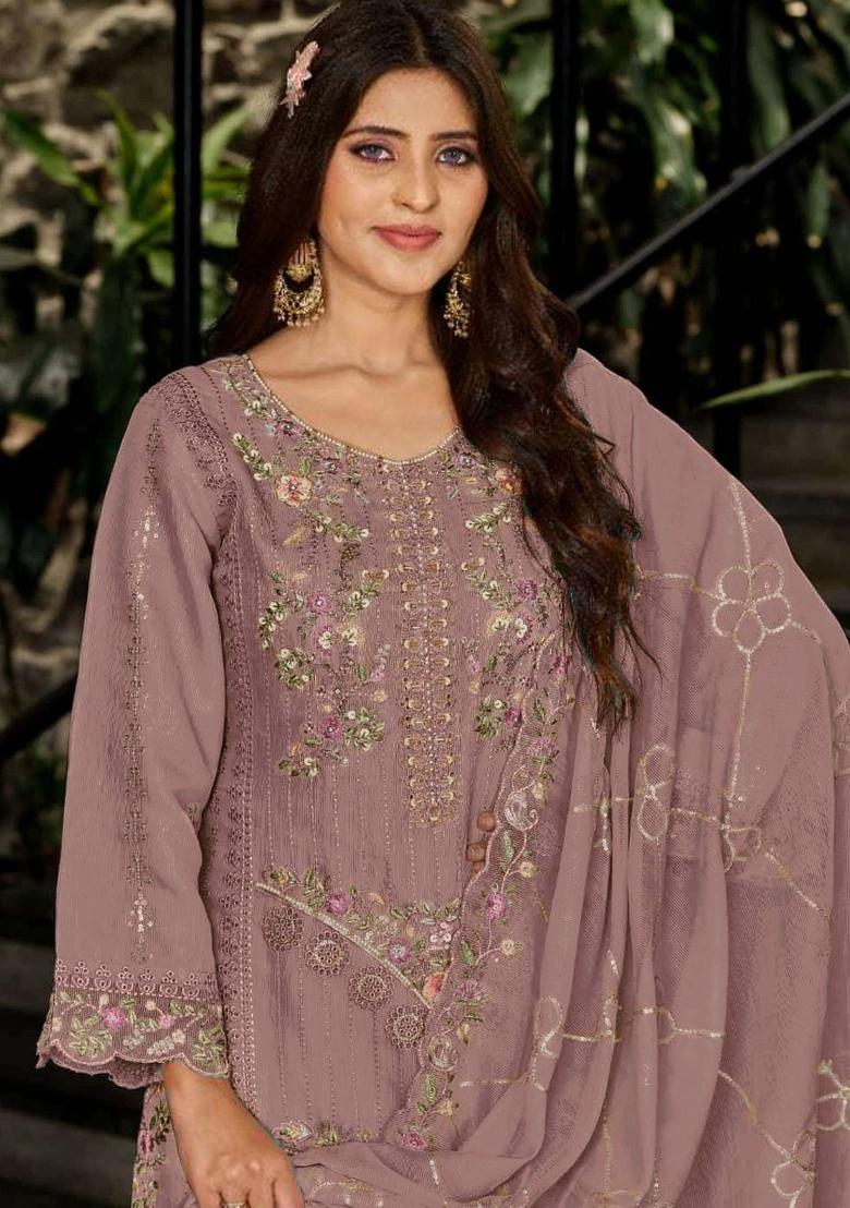Mauve Embroidered Georgette Kurta Set - Indya