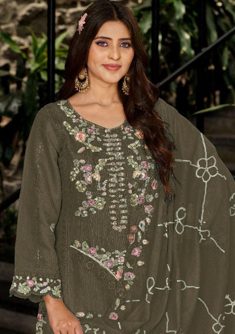 Green Embroidered Georgette Kurta Set - Indya
