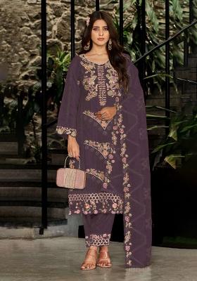 Wine Embroidered Georgette Kurta Set