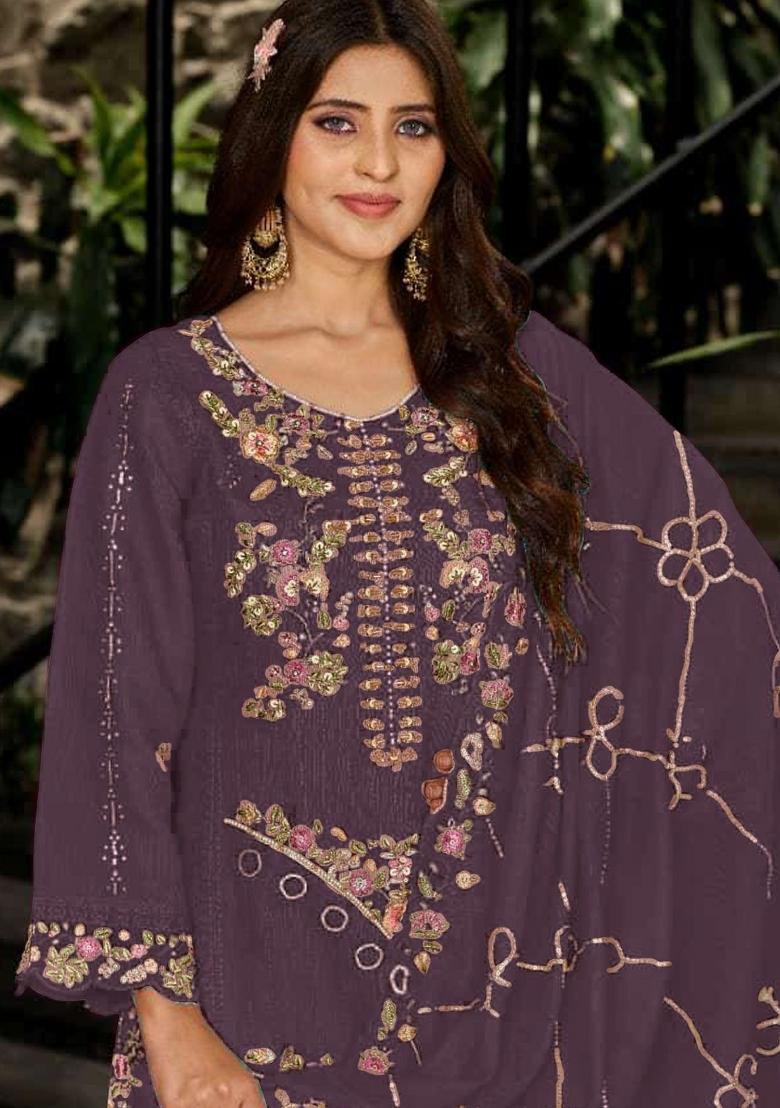 Wine Embroidered Georgette Kurta Set - Indya