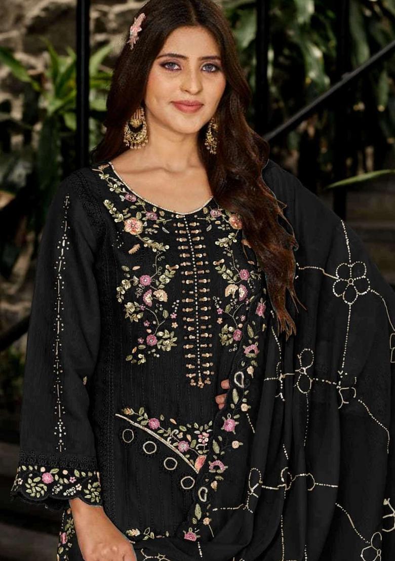 Black Embroidered Georgette Kurta Set - Indya