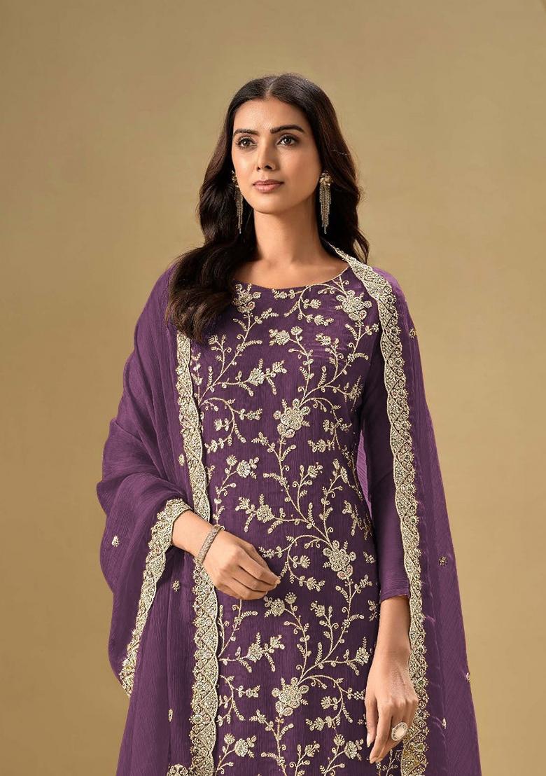 Purple Embroidered Chinon Kurta Set - Indya