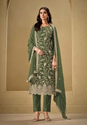 Bottle Green Embroidered Chinon Kurta Set