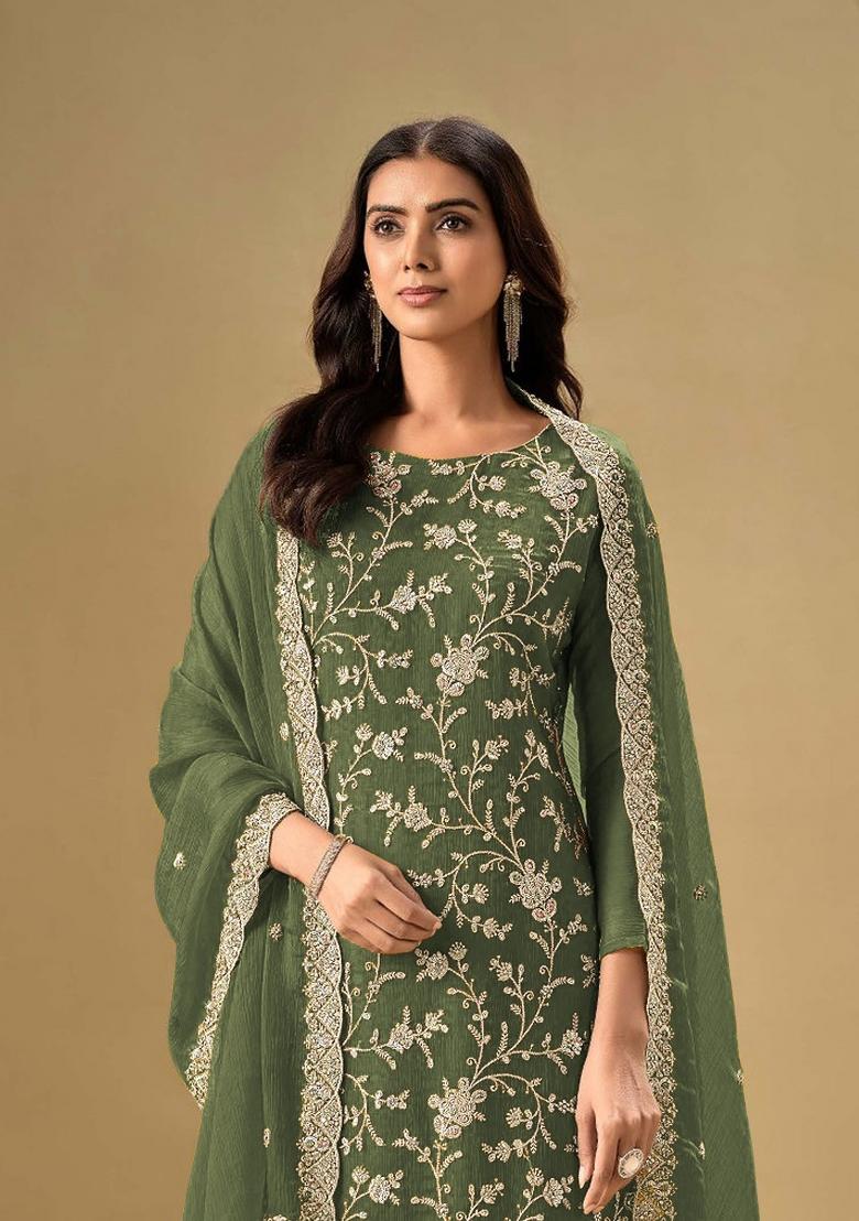 Bottle Green Embroidered Chinon Kurta Set - Indya