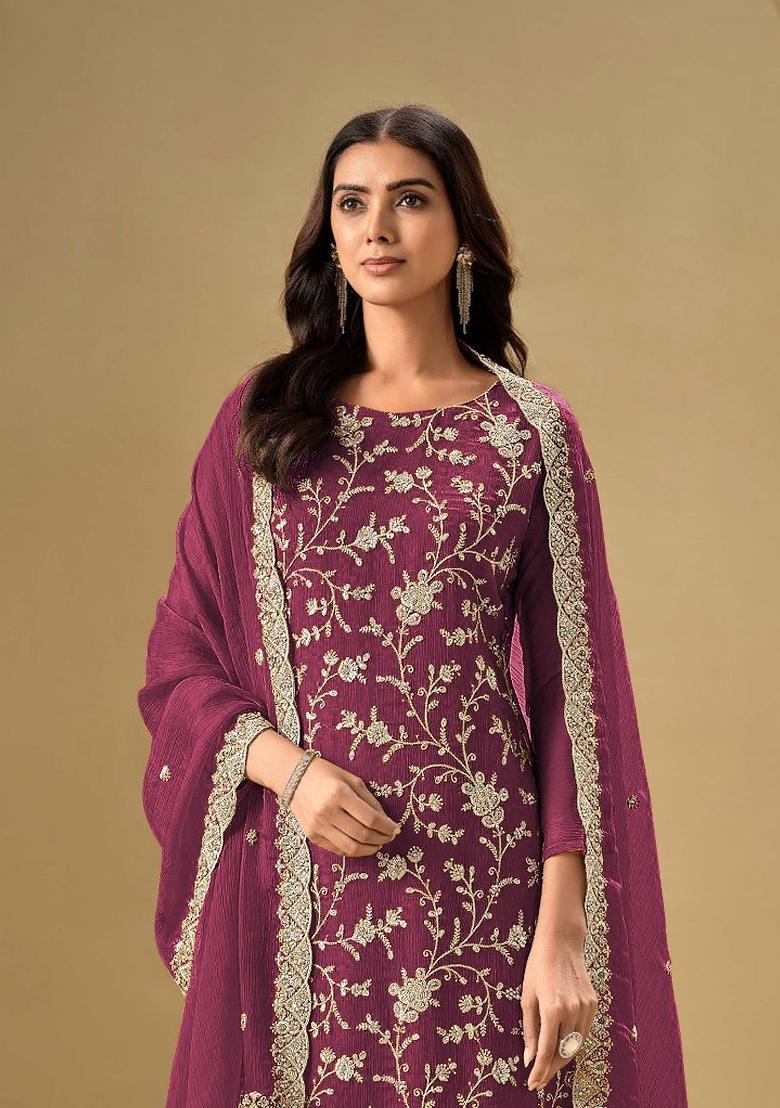 Magenta Embroidered Chinon Kurta Set - Indya