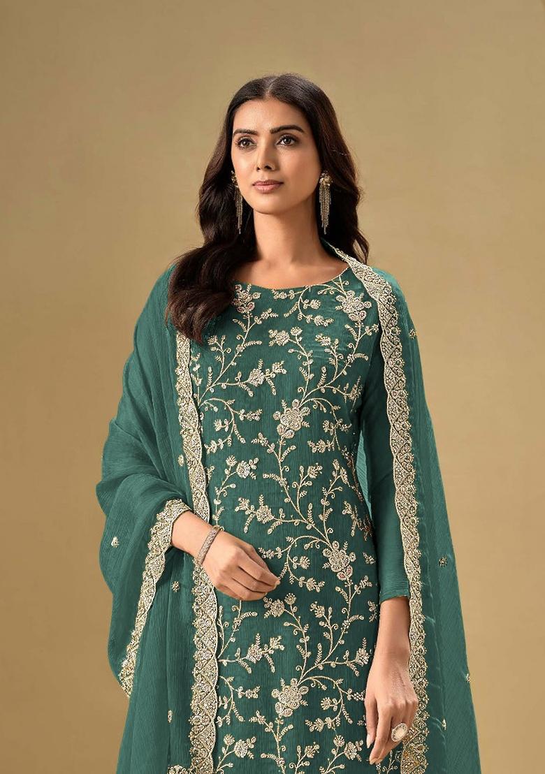 Teal Embroidered Chinon Kurta Set - Indya