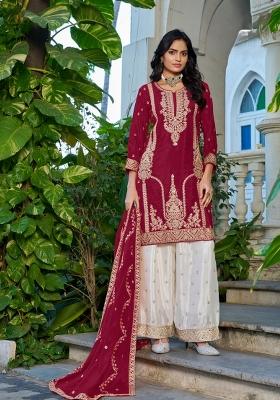 Maroon Embroidered Chinon Kurta Set