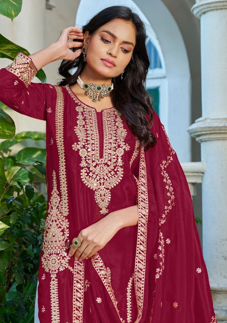 Maroon Embroidered Chinon Kurta Set - Indya
