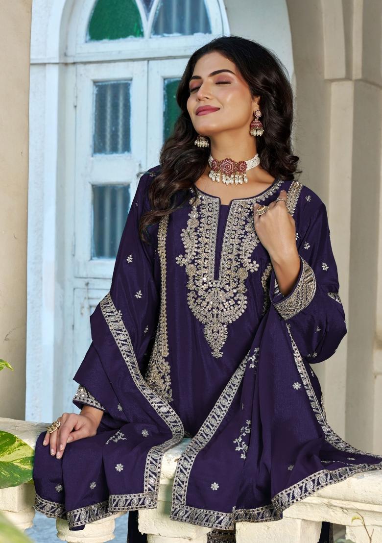 Purple Embroidered Chinon Kurta Set - Indya