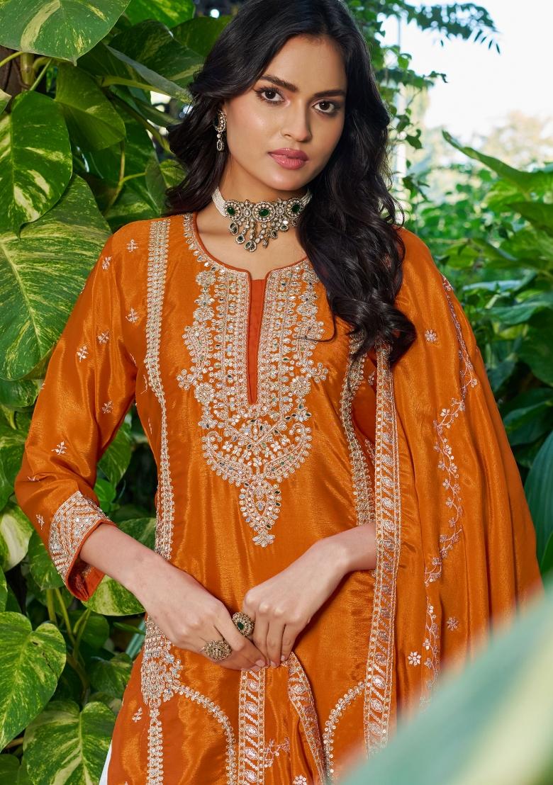 Orange Embroidered Chinon Kurta Set - Indya