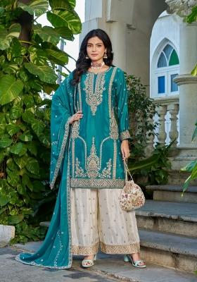 Teal Embroidered Chinon Kurta Set