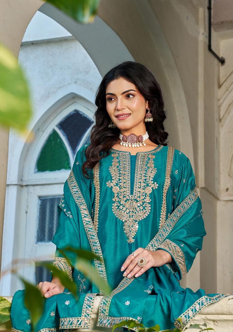 Teal Embroidered Chinon Kurta Set - Indya