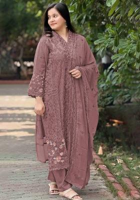 Mauve Embroidered Georgette Kurta Set