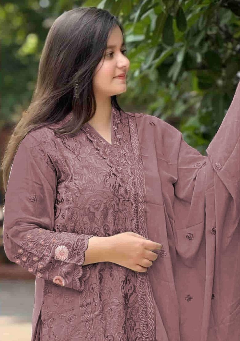 Mauve Embroidered Georgette Kurta Set - Indya