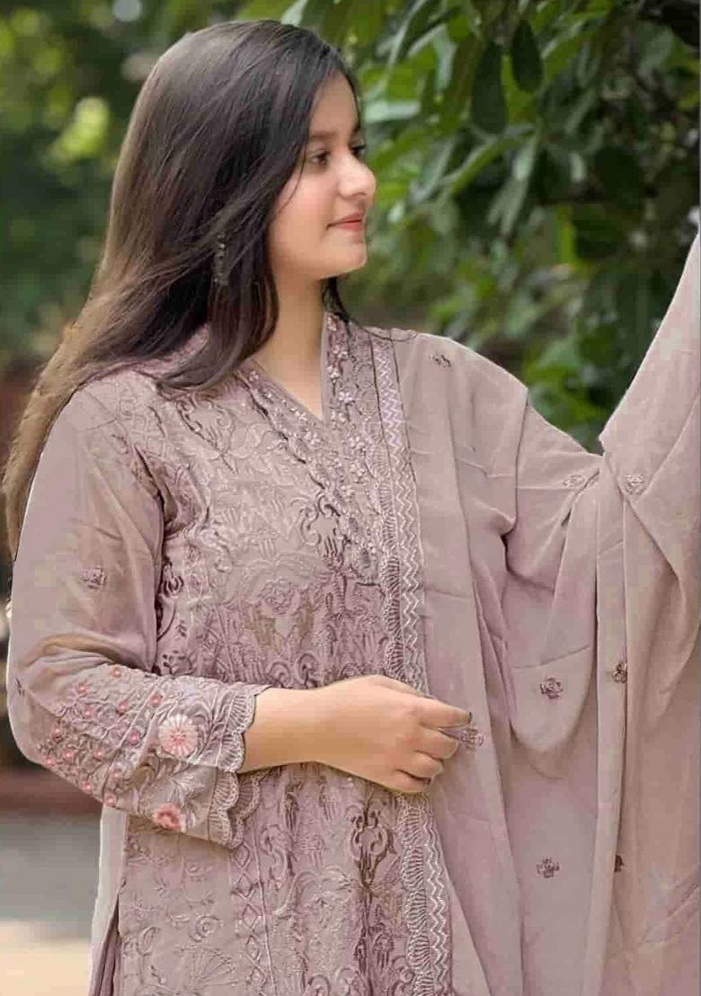Lavender Embroidered Georgette Kurta Set - Indya