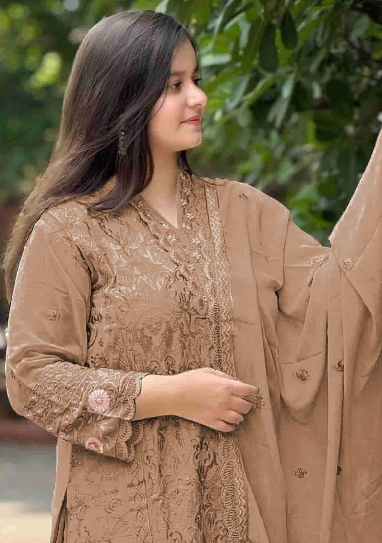Beige Embroidered Georgette Kurta Set - Indya