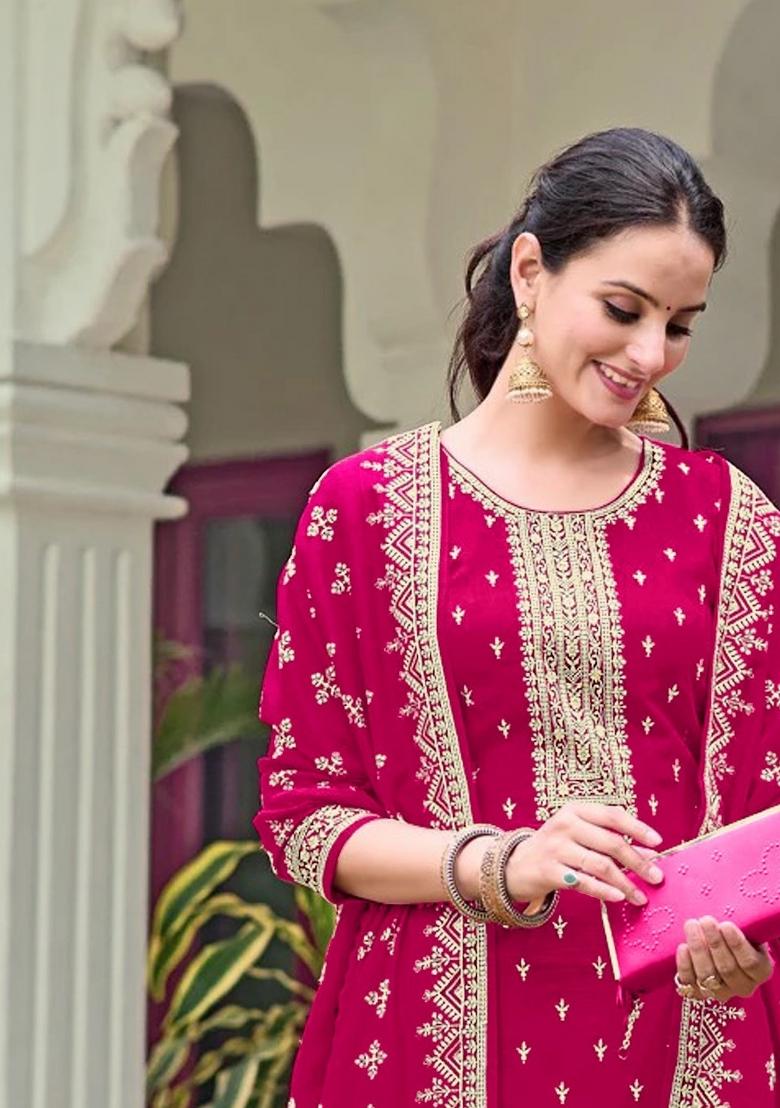 Magenta Embroidered Georgette Kurta Set - Indya