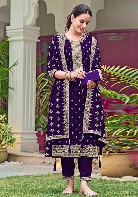 Purple Embroidered Georgette Kurta Set
