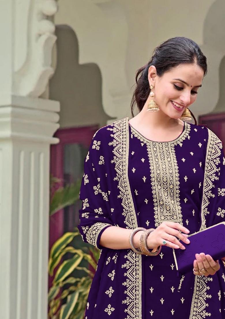 Purple Embroidered Georgette Kurta Set - Indya