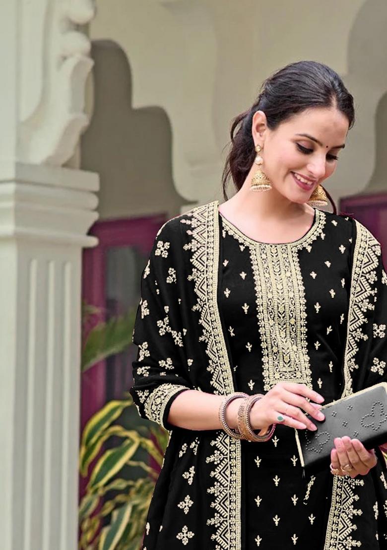 Black Embroidered Georgette Kurta Set - Indya