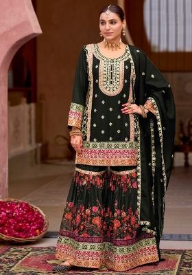 Black Embroidered Chinon Kurta Set