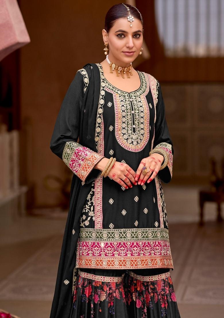 Black Embroidered Chinon Kurta Set - Indya