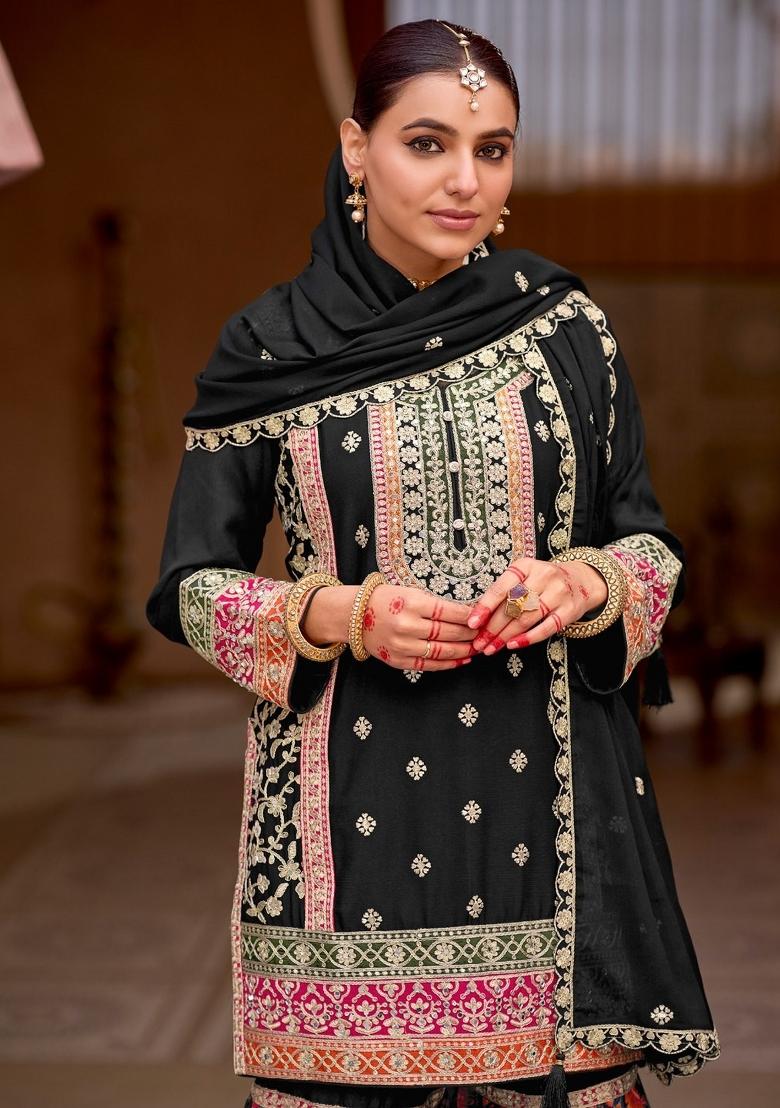 Black Embroidered Chinon Kurta Set - Indya
