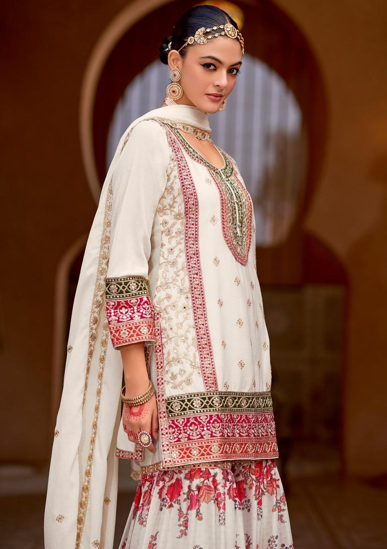 White Embroidered Chinon Kurta Set - Indya