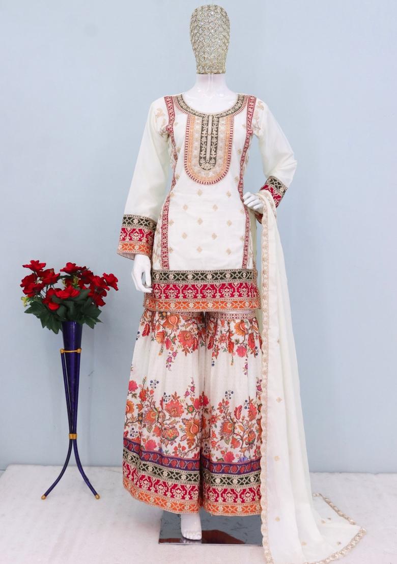 White Embroidered Chinon Kurta Set - Indya