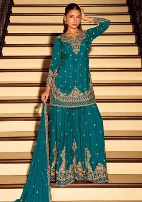 Teal Embroidered Chinon Kurta Set