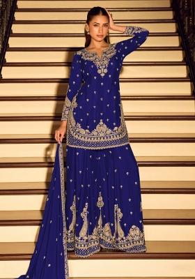 Royal Blue Embroidered Chinon Kurta Set
