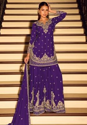 Purple Embroidered Chinon Kurta Set