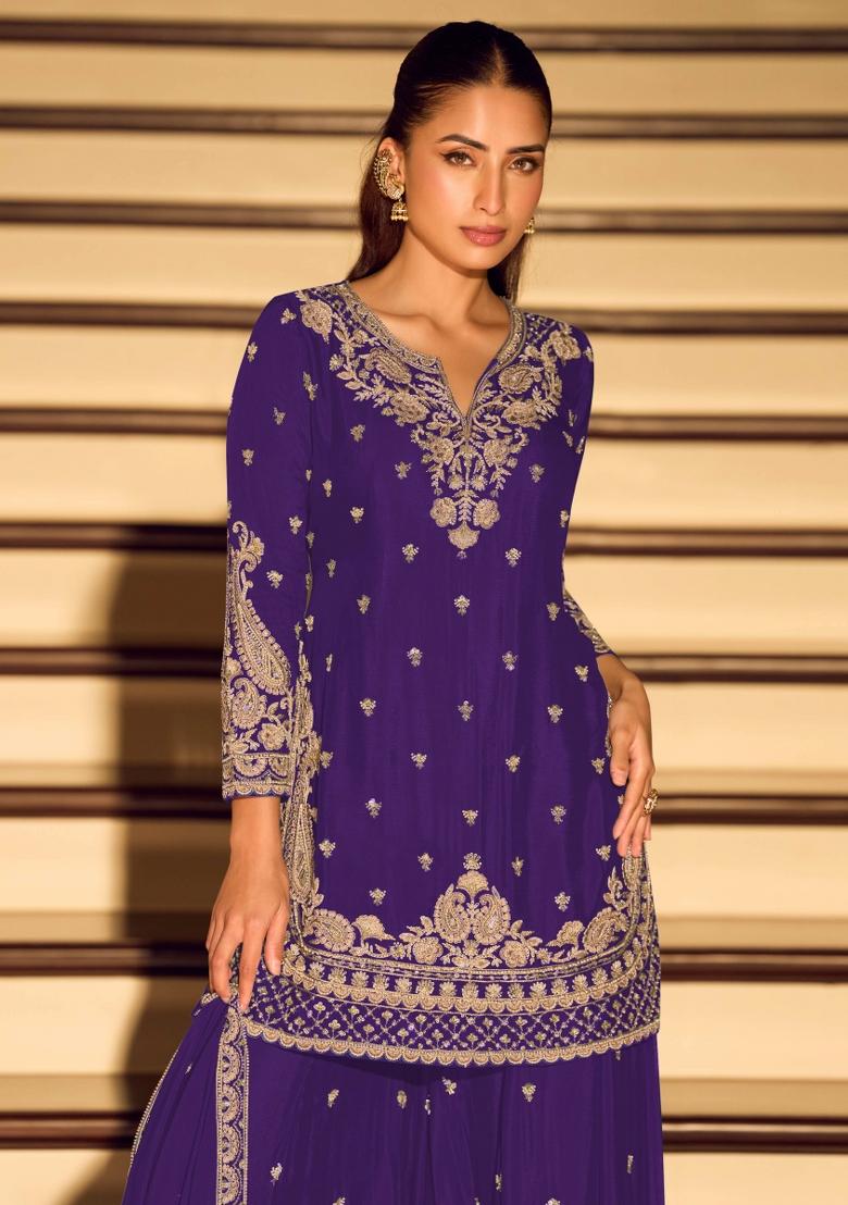 Purple Embroidered Chinon Kurta Set - Indya
