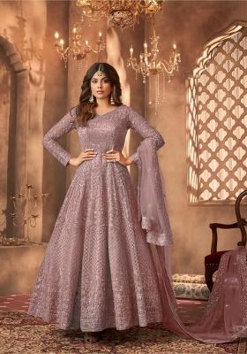 Mauve Embroidered Net Kurta Set