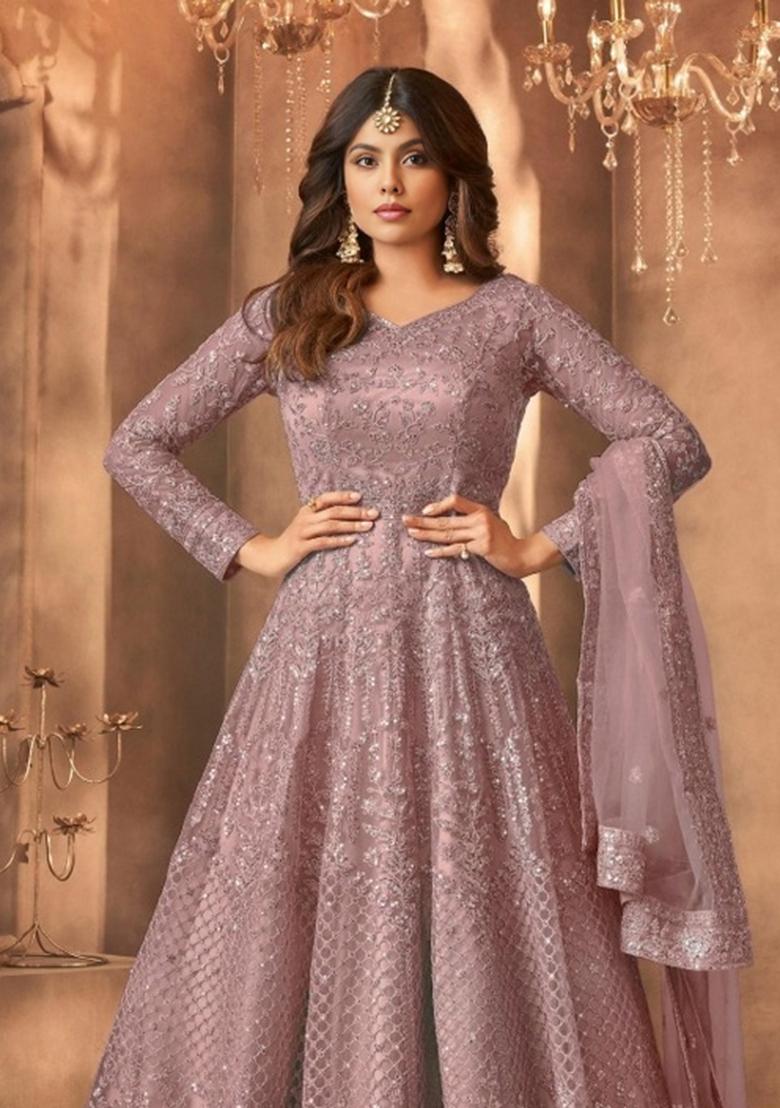 Mauve Embroidered Net Kurta Set - Indya