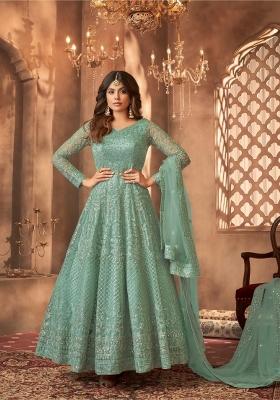 Green Embroidered Net Kurta Set
