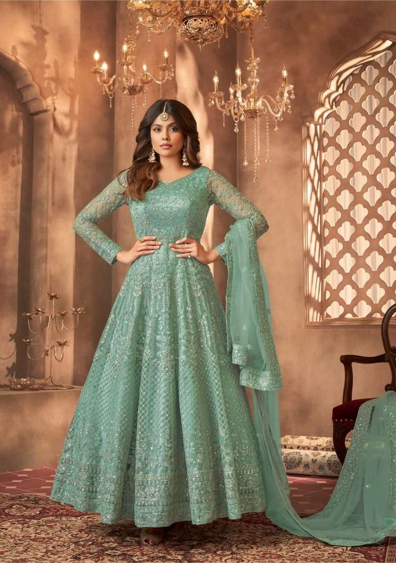 Green Embroidered Net Kurta Set - Indya