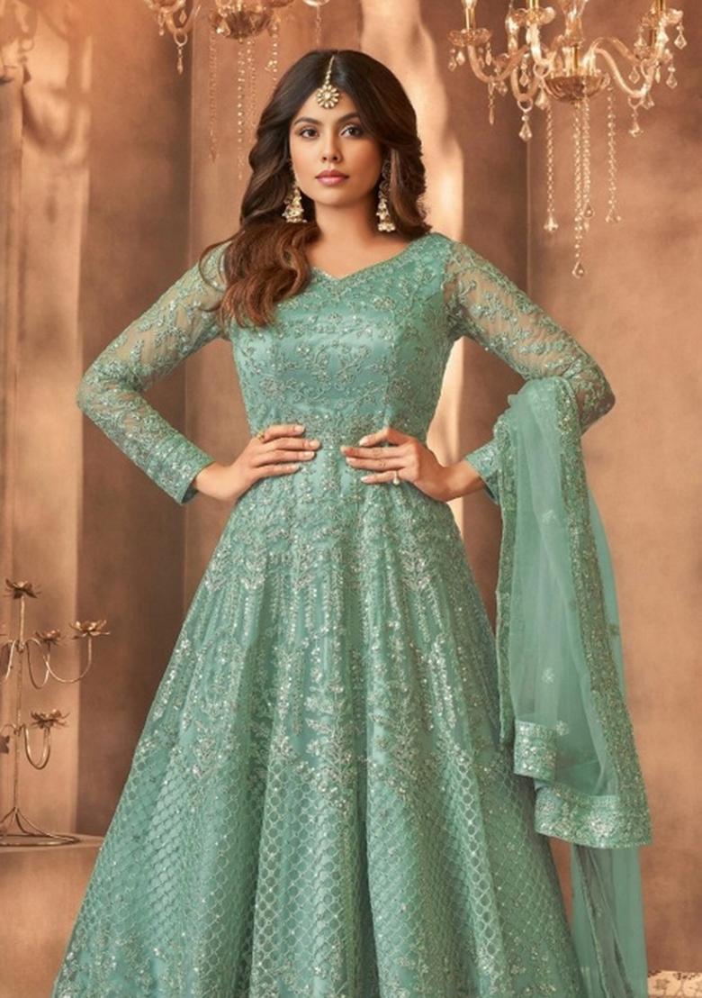 Green Embroidered Net Kurta Set - Indya