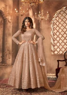 Beige Embroidered Net Kurta Set