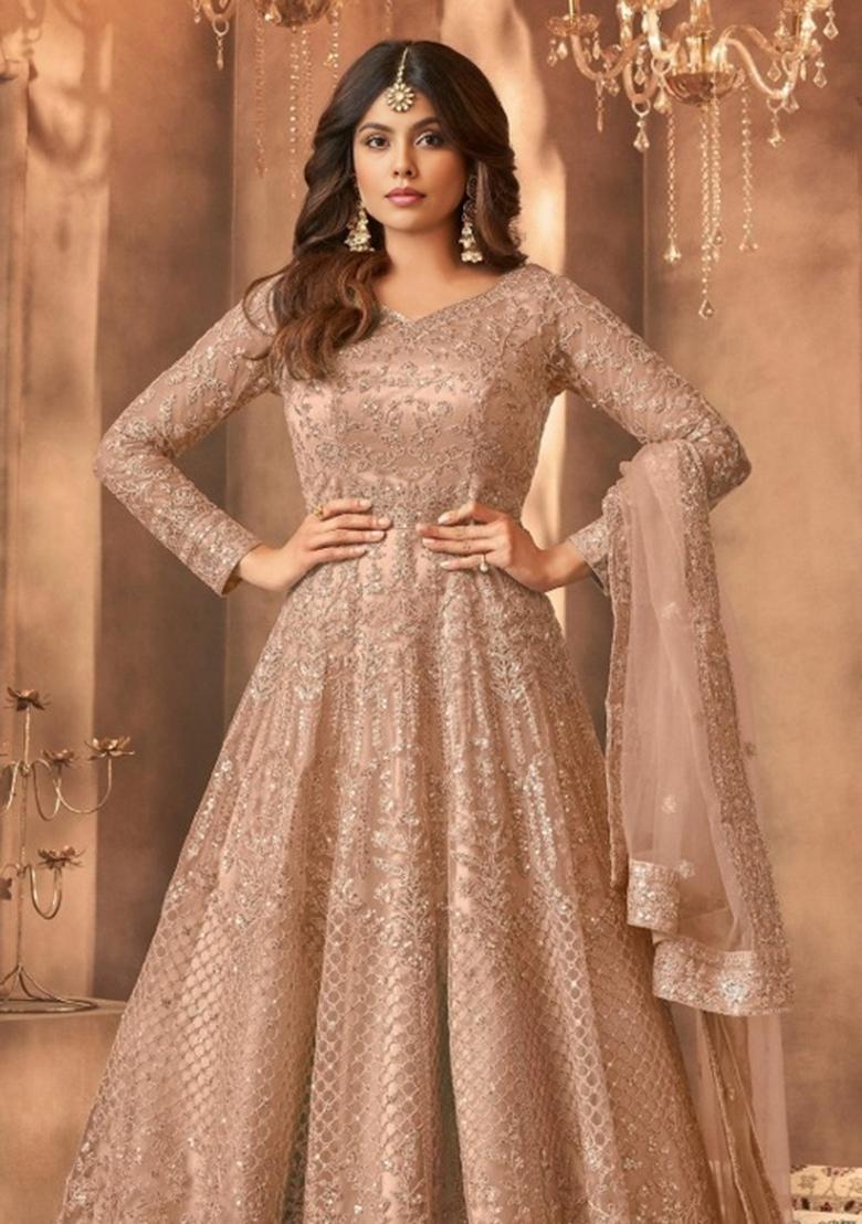 Beige Embroidered Net Kurta Set - Indya