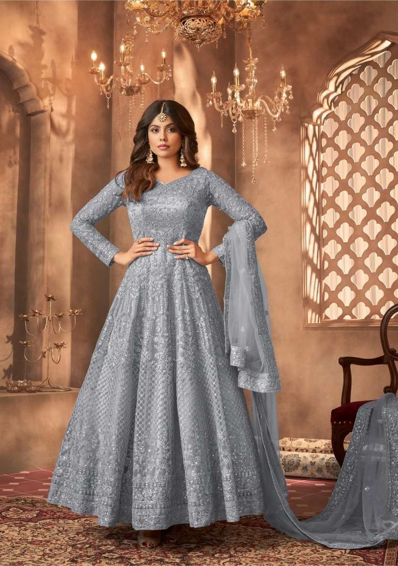 Grey Embroidered Net Kurta Set - Indya