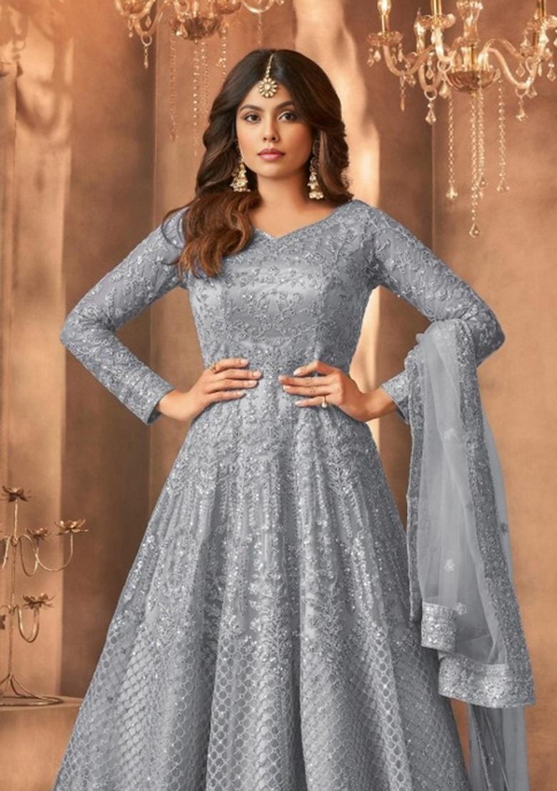 Grey Embroidered Net Kurta Set - Indya