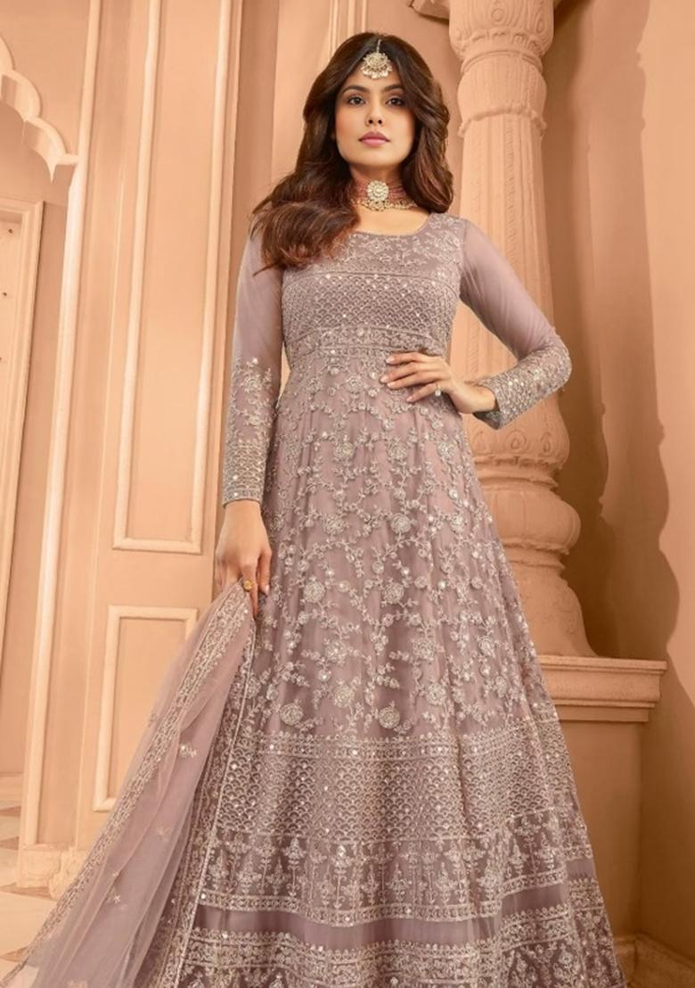 Mauve Embroidered Net Kurta Set - Indya