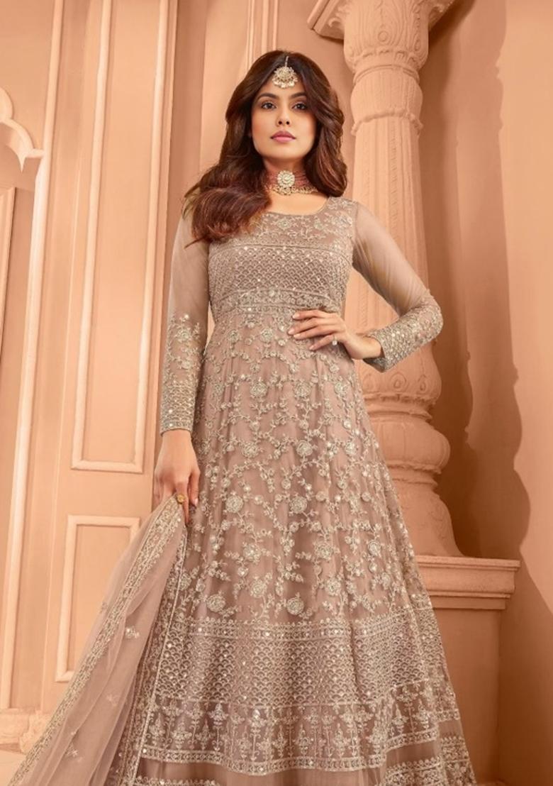 Beige Embroidered Net Kurta Set - Indya